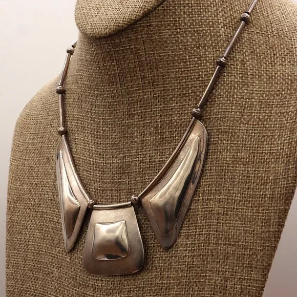 Vintage Native American Modernist Silver Bib Necklace Carlos Diaz Style 17" - Picture 4 of 13